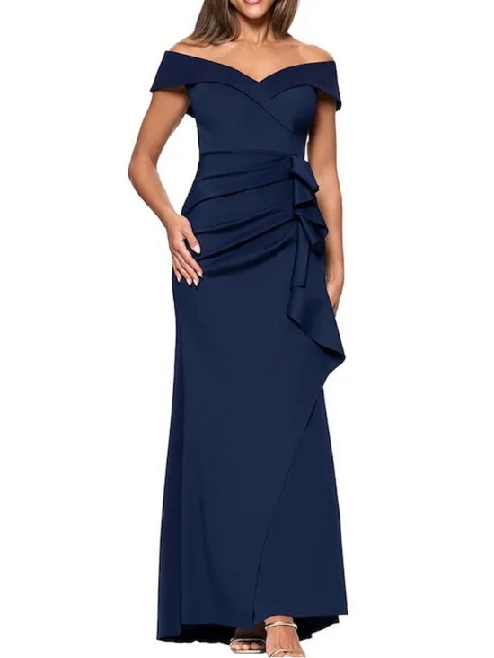 Escape Dresses & Skirts - Elegant Off-Shoulder Navy Maxi Dress with Draped Waist Detail